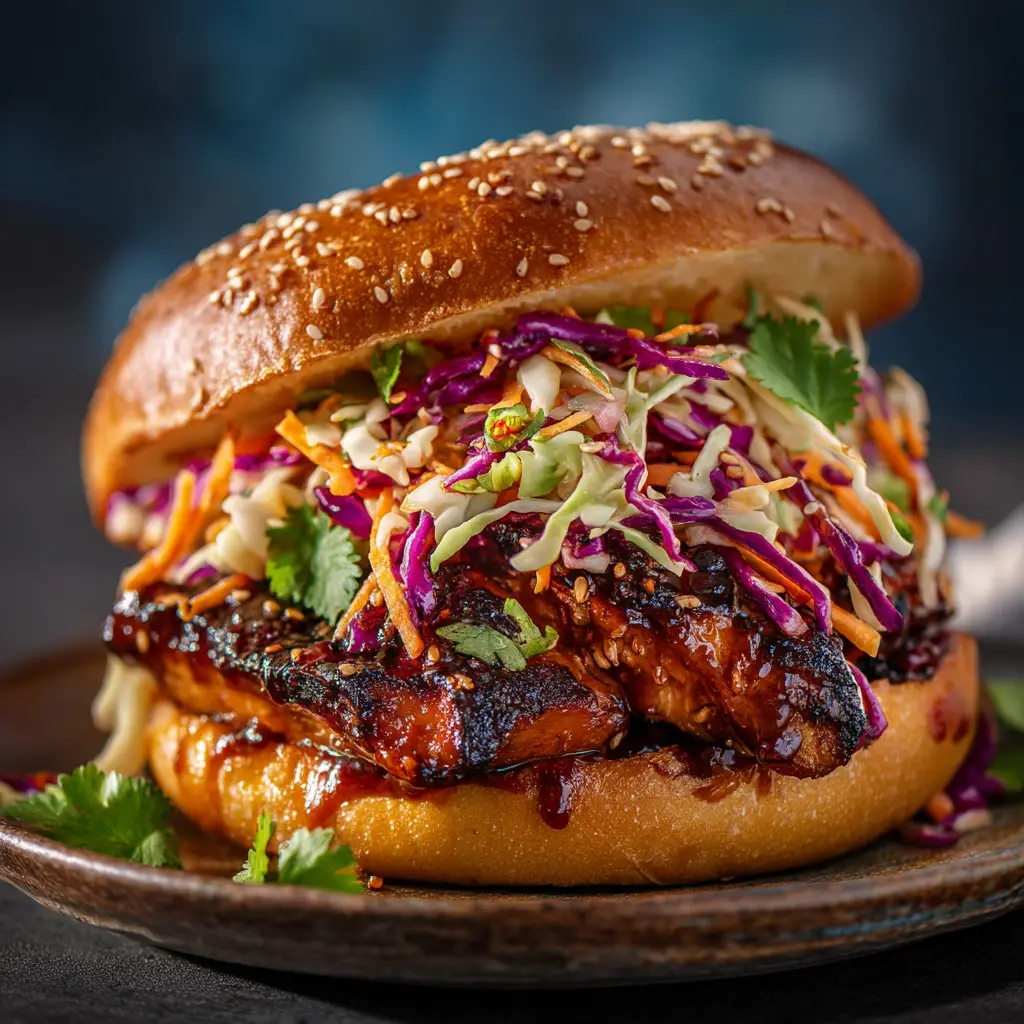 Glossy, saucy grilled chicken thighs with char marks on a cast iron pan for a Korean BBQ Chicken Sandwich.