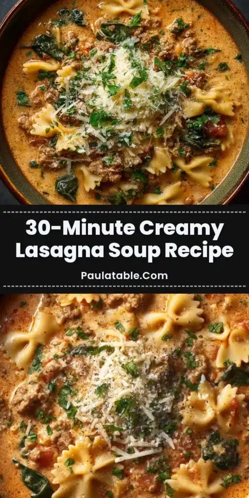 The Best Creamy Lasagna Soup Recipe for a Cozy Weeknight Dinner 4 Rustic ceramic bowl filled with creamy lasagna soup, seasoned ground beef, and farfalle pasta. (Lasagna Soup Recipe)