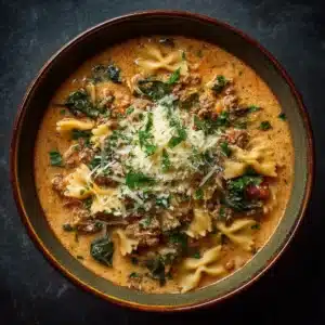 Overhead shot of fresh ingredients for a one-pot creamy lasagna soup including crushed tomatoes, ground beef, and bowtie pasta. (Lasagna Soup Recipe)