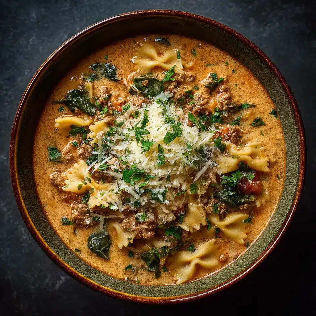 Overhead shot of fresh ingredients for a one-pot creamy lasagna soup including crushed tomatoes, ground beef, and bowtie pasta. (Lasagna Soup Recipe)