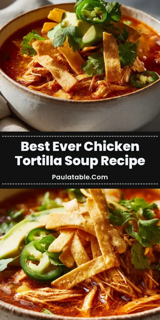 A highly detailed, ultra-realistic close-up of a Chicken Tortilla Soup Recipe showing a glistening orange-red broth, tender shredded chicken, creamy avocado chunks, fresh cilantro, jalapeño slices, and a pile of crispy tortilla strips in a rustic ceramic bowl.