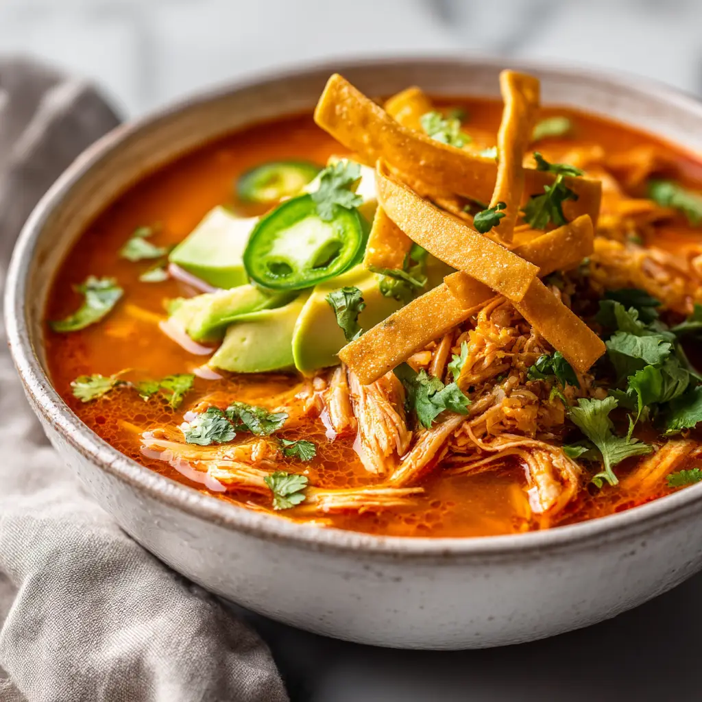 A rustic off-white ceramic bowl filled with a Chicken Tortilla Soup Recipe, highlighting the rich red tomato broth and fresh green garnishes on a white marble surface.