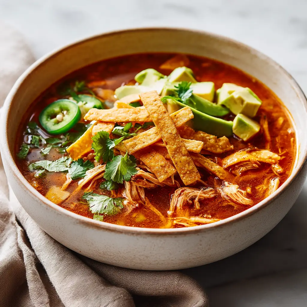 Close up three-quarters angle of a Chicken Tortilla Soup Recipe with a partially visible neutral linen napkin, showcasing the cozy and delicious atmosphere.