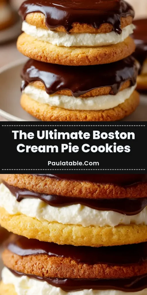 Decadent Boston Cream Pie Cookies 4 A close-up photograph of three perfectly round Boston Cream Pie cookies stacked vertically on a light-colored plate, featuring thick vanilla filling and glossy dark chocolate ganache.
