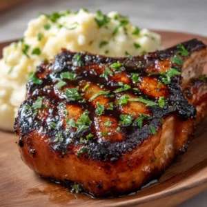Overhead shot of fresh pork chop marinade ingredients including brown sugar, soy sauce, garlic, and fresh cilantro on a white marble surface.