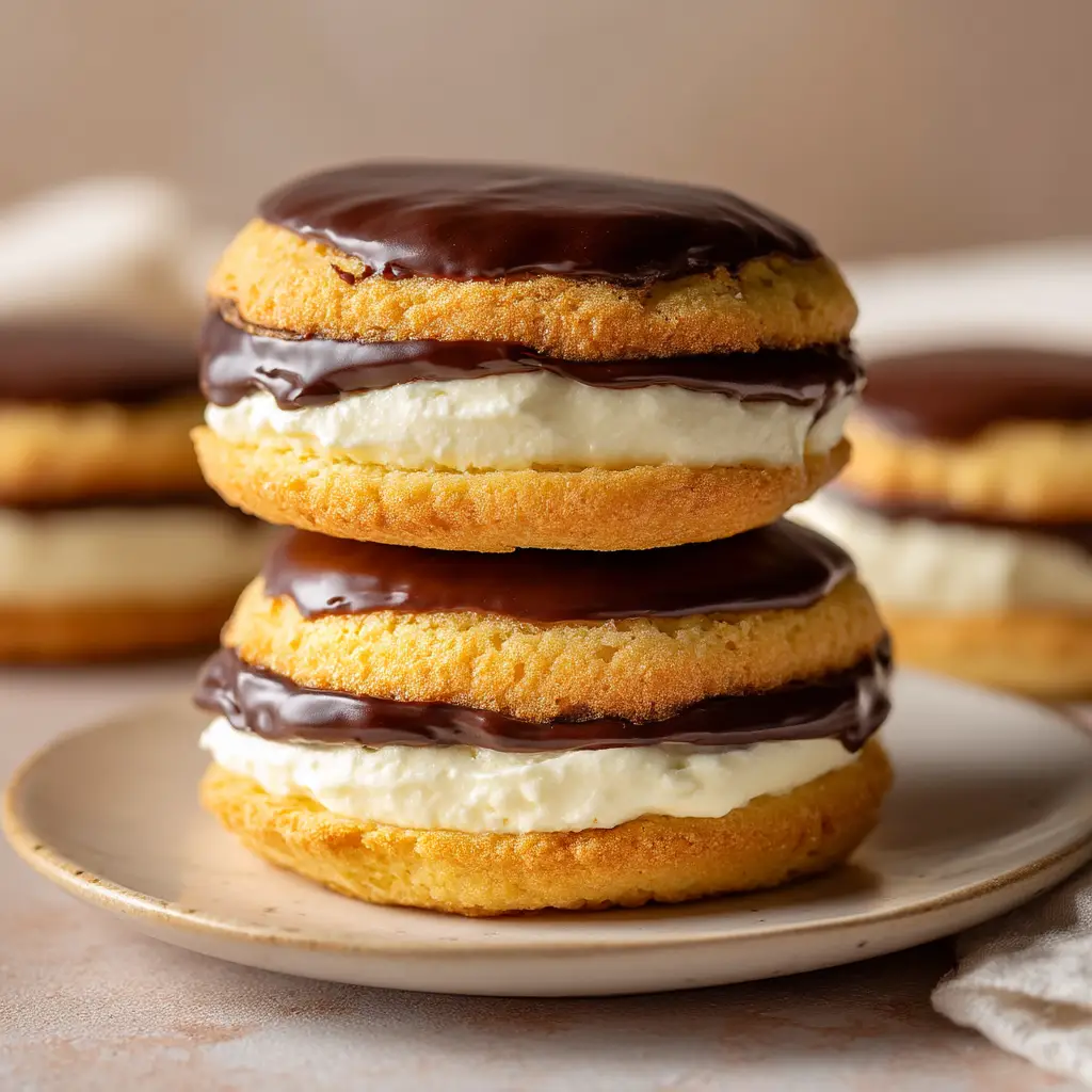 Decadent Boston Cream Pie Cookies 1 Applying a thick layer of creamy white vanilla filling and glossy dark chocolate ganache to Boston Cream Pie cookies.