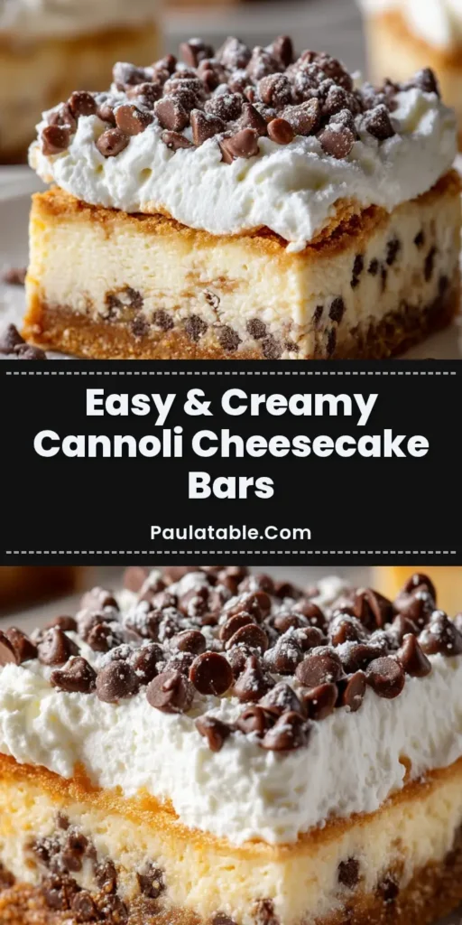 A close-up of perfectly square Cannoli Cheesecake Bars featuring a golden cookie crust, dense creamy filling, whipped cream topping, and a sprinkle of mini chocolate chips.