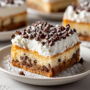 Ingredients for Cannoli Cheesecake Bars displayed on a counter, highlighting the thick golden crust, mini chocolate chips, and fresh ricotta.