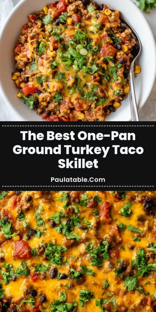The Best Cheesy Ground Turkey Taco Skillet (One-Pan Dinner) 3 Overhead view of a vibrant ground turkey taco skillet with black beans, corn, and melted cheddar cheese.