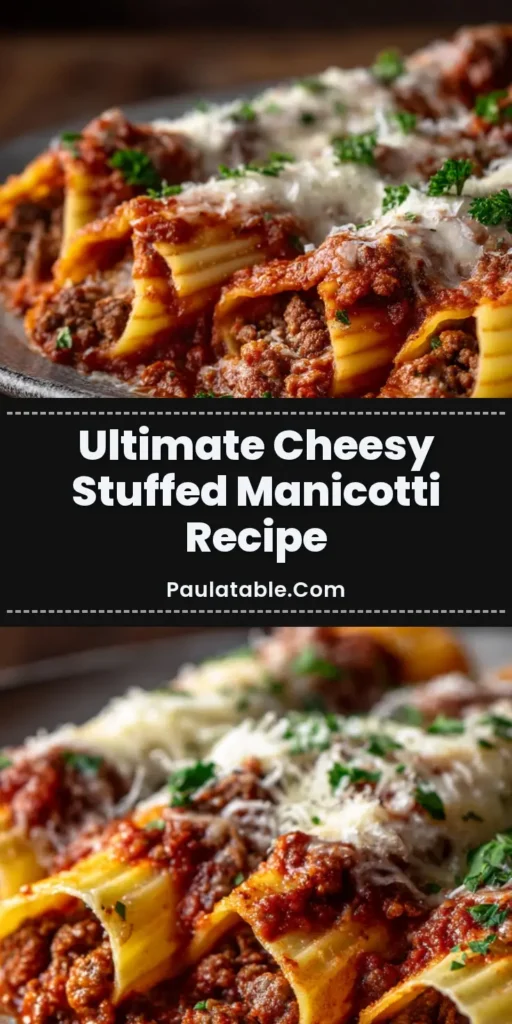 A rustic plate of Stuffed Manicotti generously filled with ricotta and ground beef, covered in thick red meat sauce, melted mozzarella, and fresh green parsley.