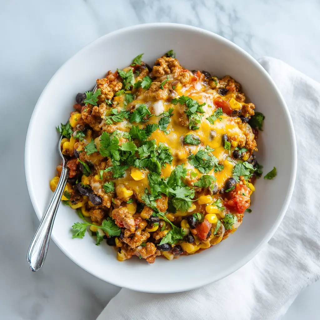 The Best Cheesy Ground Turkey Taco Skillet (One-Pan Dinner) 1 Close up of gooey, melted cheddar cheese over a ground turkey taco skillet garnished with fresh cilantro.