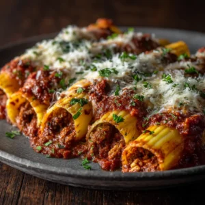 Close up eye-level view of large stuffed manicotti tubes filled with seasoned beef and ricotta visible at the open ends.