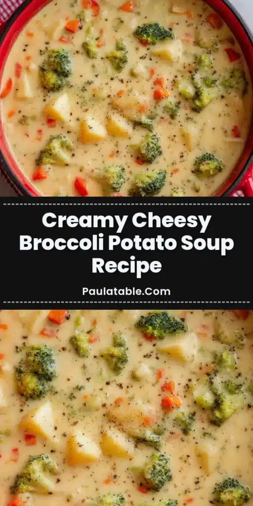 Thick and Creamy Cheesy Broccoli Potato Soup 4 Overhead view of a thick and creamy cheesy broccoli potato soup in a red ceramic dutch oven with a checkered towel.