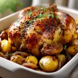 Raw whole chicken, halved baby potatoes, sliced yellow onions, fresh thyme, lemon, and butter gathered for a Perfect Roast Chicken.