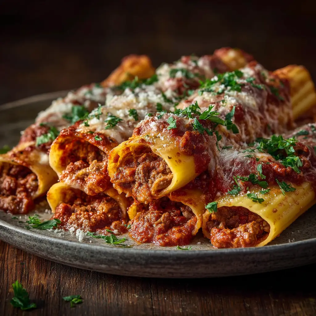 Stuffed manicotti covered in thick red meat sauce and slightly browned melted mozzarella cheese with fresh parmesan garnish.