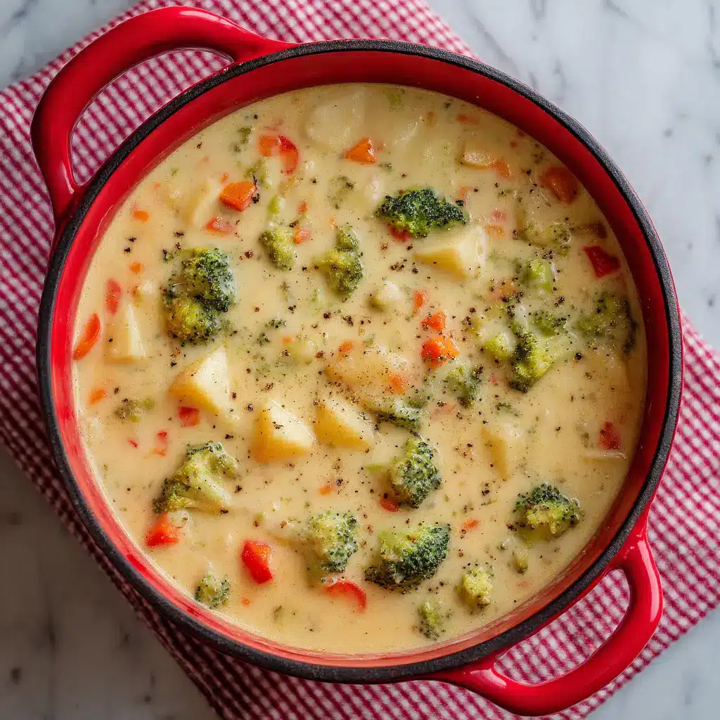 Thick and Creamy Cheesy Broccoli Potato Soup 2 Close-up shot of rich and thick cheesy broccoli potato soup with visible chunks of potatoes and carrots.