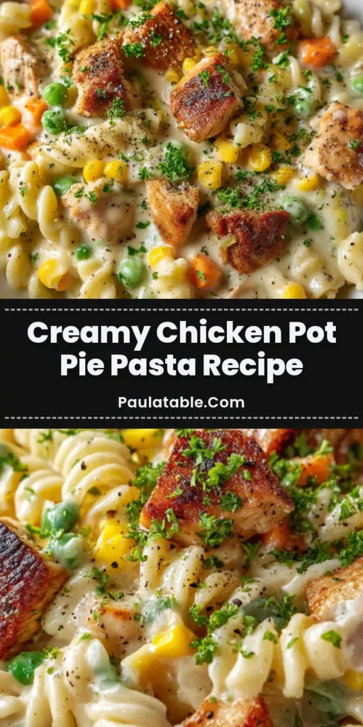A beautiful white ceramic bowl filled with comforting chicken pot pie pasta topped with parsley.