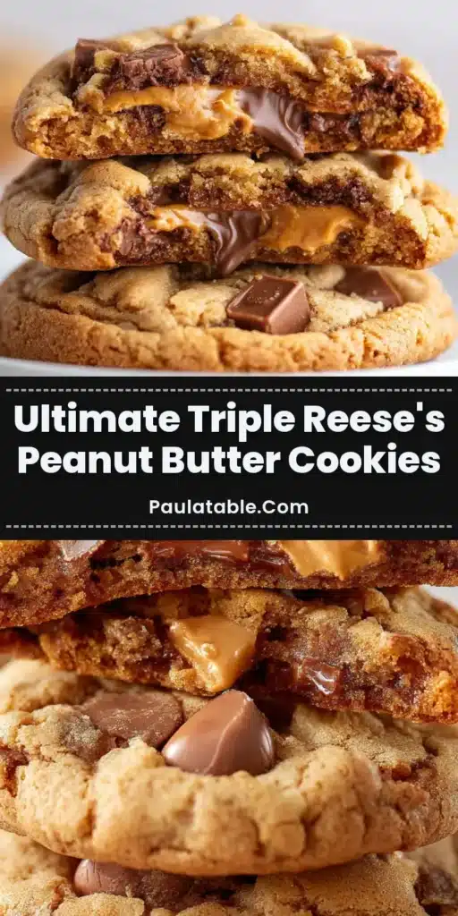 A stack of three thick, golden-brown Triple Reese's Peanut Butter Cookies on a white plate, with the top cookie broken to reveal a melted Reese's cup center.