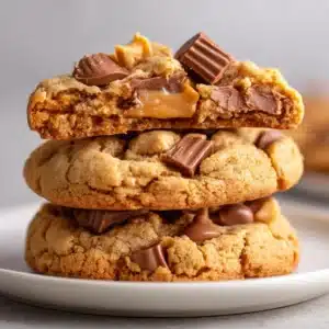 Extreme close-up of thick, chewy peanut butter cookies studded with large milk chocolate chunks and peanut butter chips.