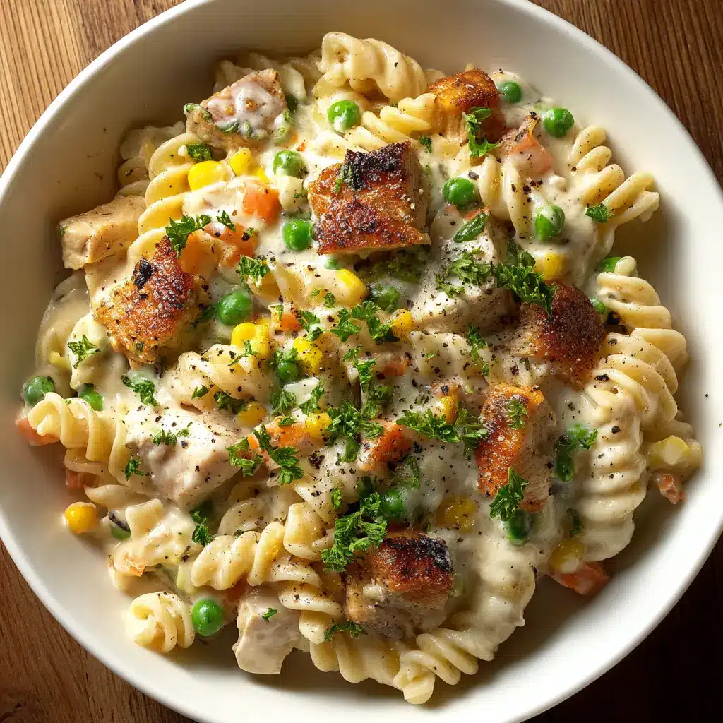 Close-up of golden seared chicken cubes mixed with rotini pasta and colorful vegetables in a rich cream sauce.