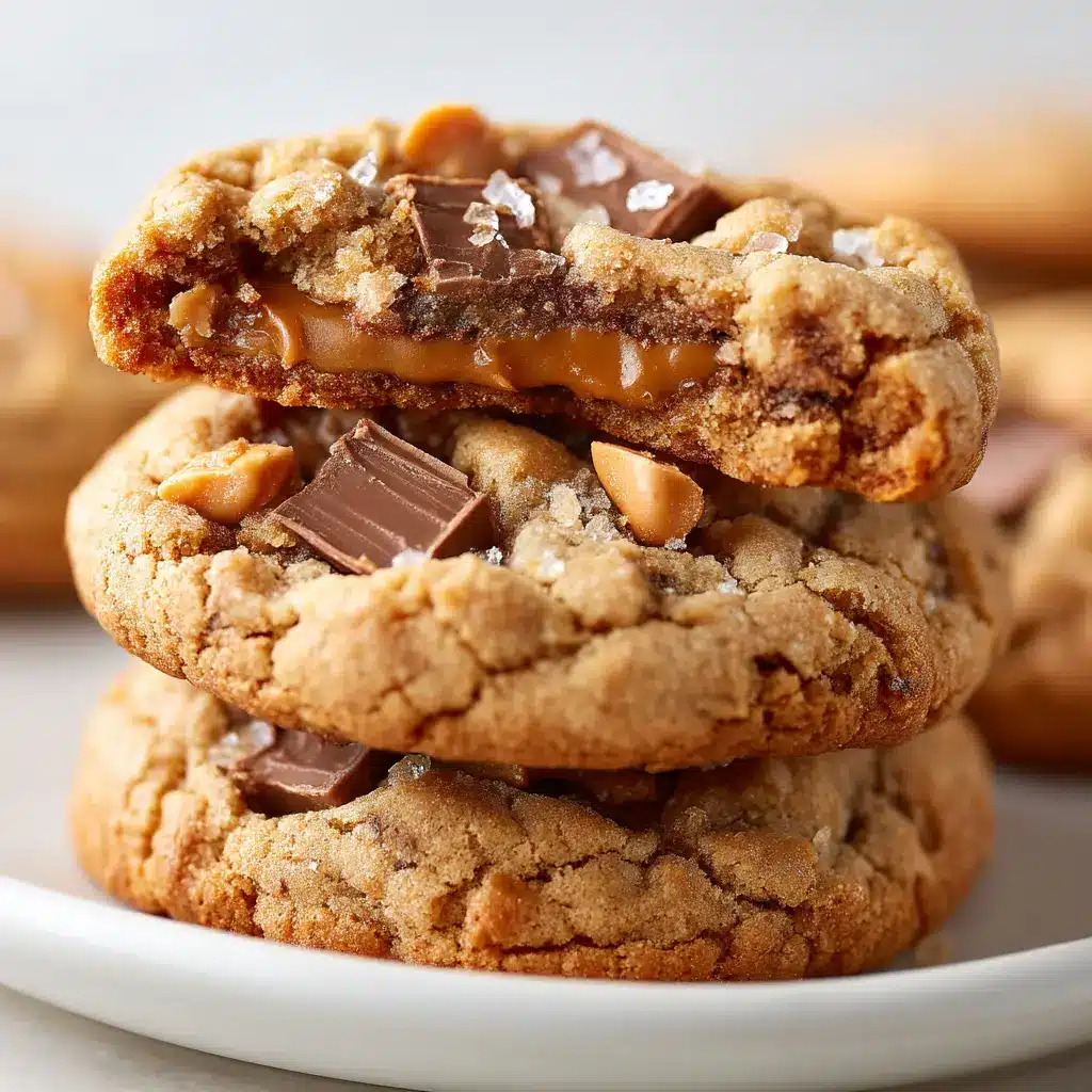 A broken Triple Reese's Peanut Butter Cookie showing a warm, melted chocolate and peanut butter center.