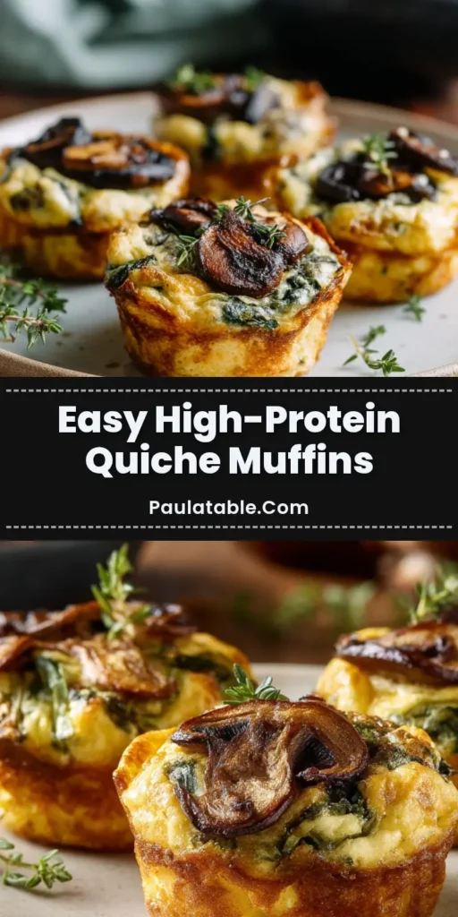 A close-up shot of golden-brown spinach and mushroom quiche muffins sitting on a pale stoneware plate, garnished with fresh thyme. (Spinach and Mushroom Quiche Muffins)