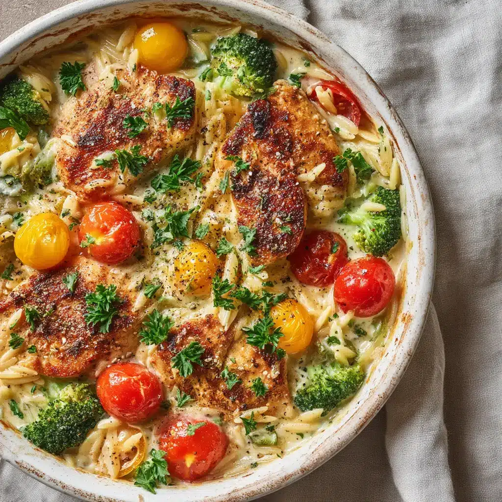 Creamy Boursin Orzo Bake with Seared Chicken & Veggies 1 Skillet view of Boursin cheese melting into simmering orzo pasta, surrounded by burst red and yellow cherry tomatoes.