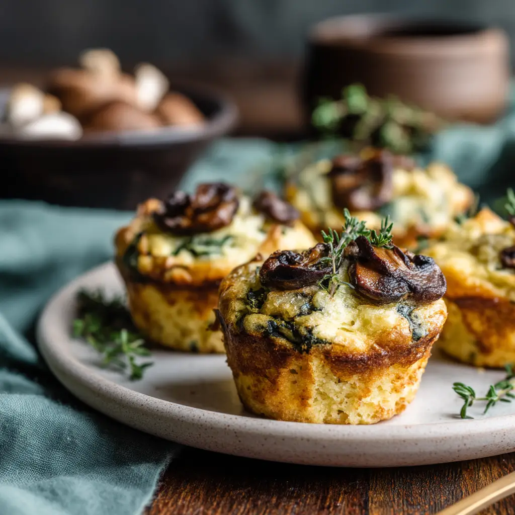 Ingredients for quiche muffins including fresh spinach, sliced mushrooms, eggs, and thyme on a rustic wooden table. (Spinach and Mushroom Quiche Muffins)