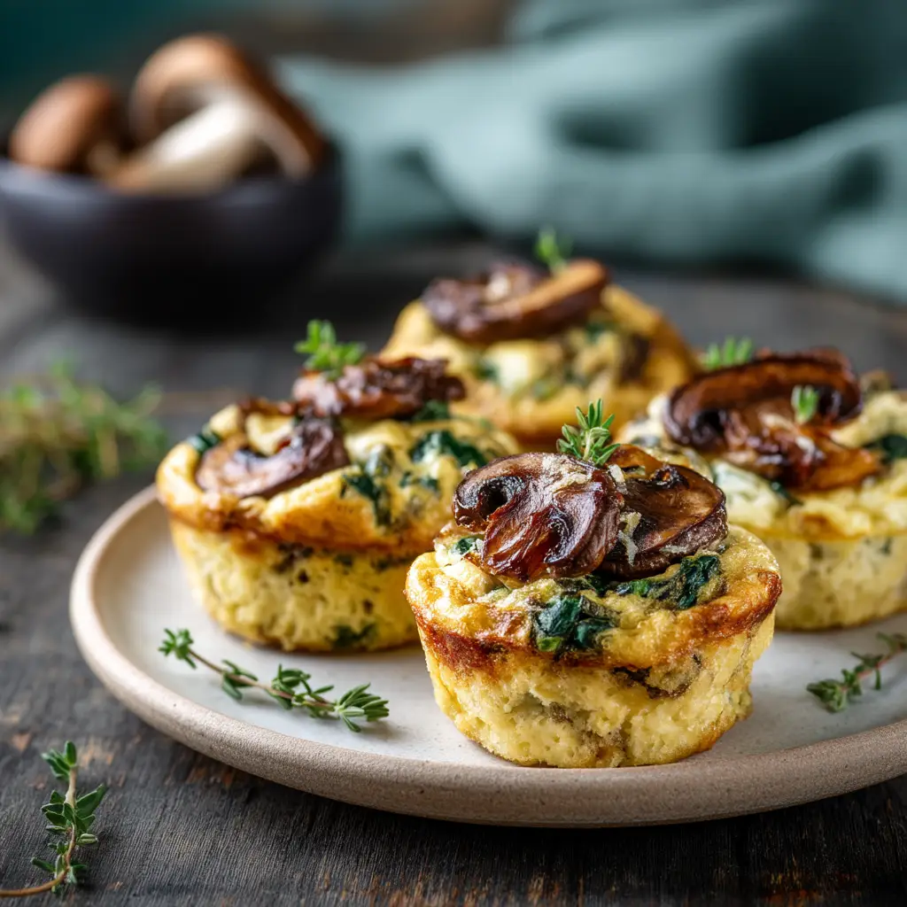 Beautifully baked golden-brown spinach and mushroom quiche muffins in a pan with visible seared mushrooms on top.