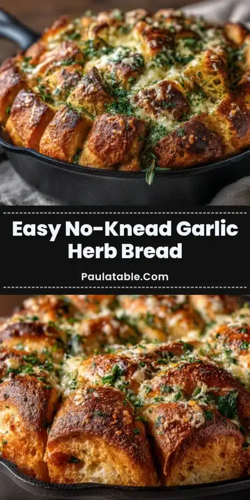 Garlic Herb Dutch Oven Bread 4 Rustic golden brown pull-apart Garlic Herb Dutch Oven Bread baked in a black cast iron skillet with melted parmesan.