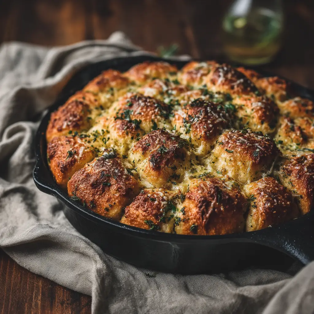 Garlic Herb Dutch Oven Bread 2 Fresh ingredients for Garlic Herb Dutch Oven Bread including fresh parsley, rosemary, garlic, and parmesan cheese on a dark wooden tabletop.