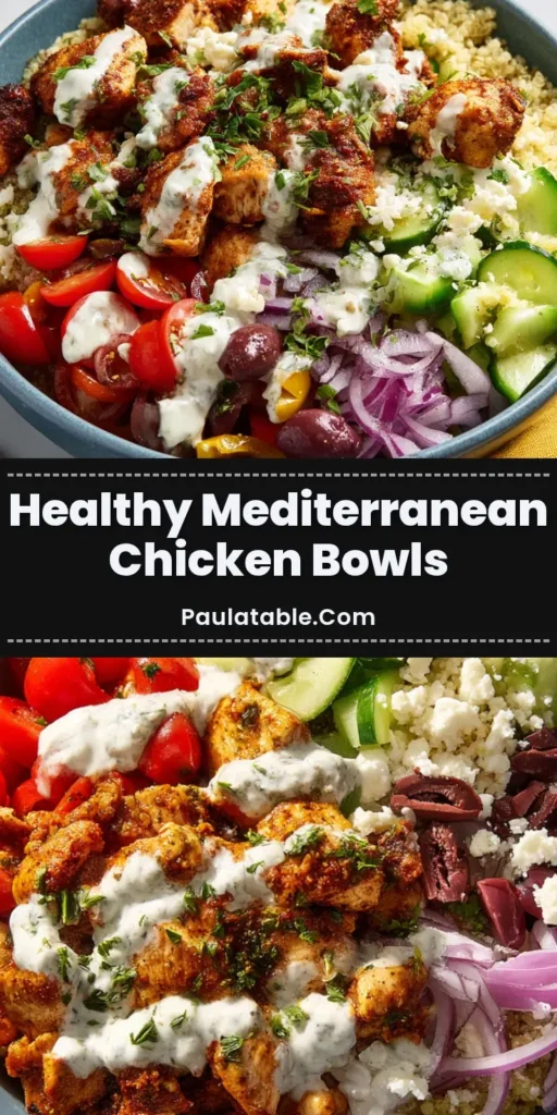 A bright overhead shot of Mediterranean Chicken Bowls in a muted blue ceramic bowl, featuring spiced chicken, quinoa, tomatoes, cucumbers, olives, and a tzatziki drizzle on a white marble surface.