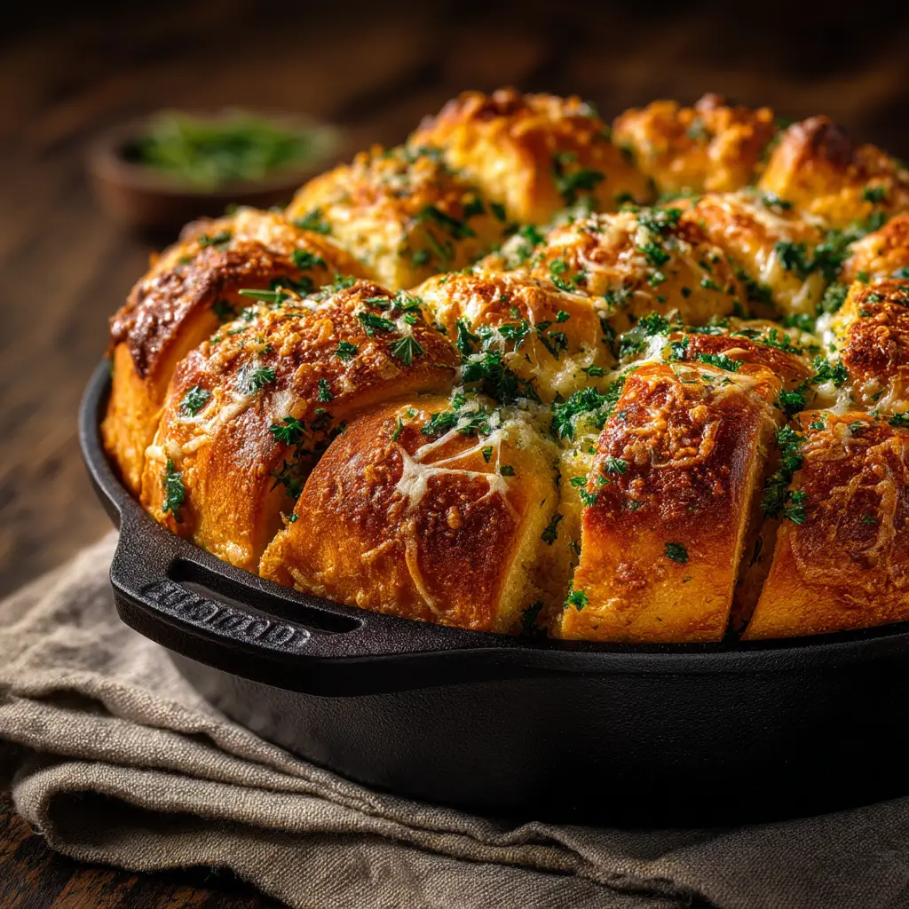 Garlic Herb Dutch Oven Bread 1 Close up view of pull-apart Garlic Herb Dutch Oven bread in a black cast iron skillet resting on a linen cloth.