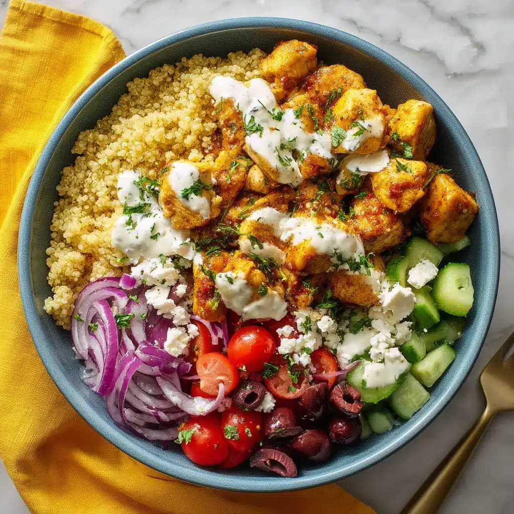 Perfectly seared, spiced bite-sized chicken pieces resting next to creamy tzatziki sauce and kalamata olives for Mediterranean Bowls.