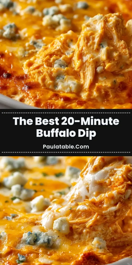 The Ultimate Hot and Bubbly Buffalo Chicken Dip 4 A pin graphic showing an extreme close-up of hot, bubbly Buffalo Chicken Dip with melted cheese and a tortilla chip.