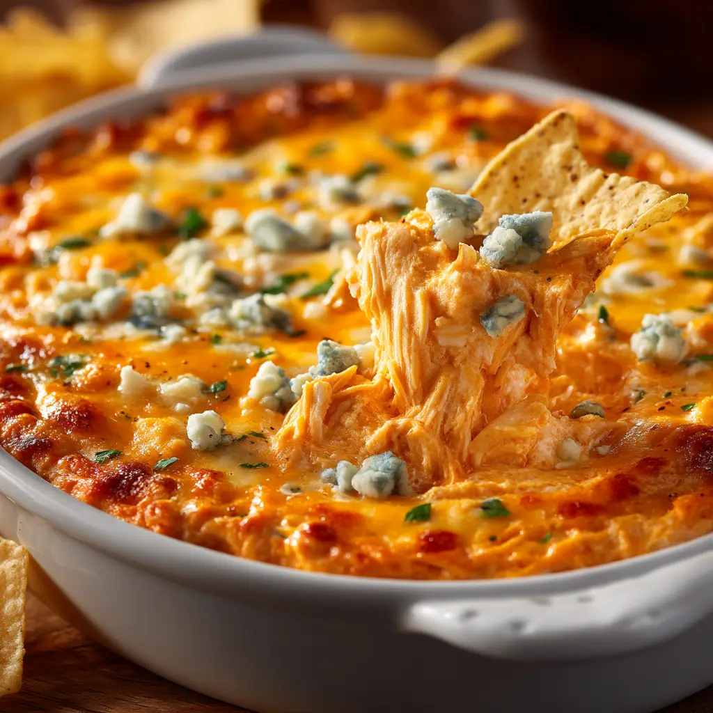 The Ultimate Hot and Bubbly Buffalo Chicken Dip 2 Extreme close-up of vibrant orange Buffalo Chicken Dip in a white ceramic dish with visible shredded chicken and melted cheese.
