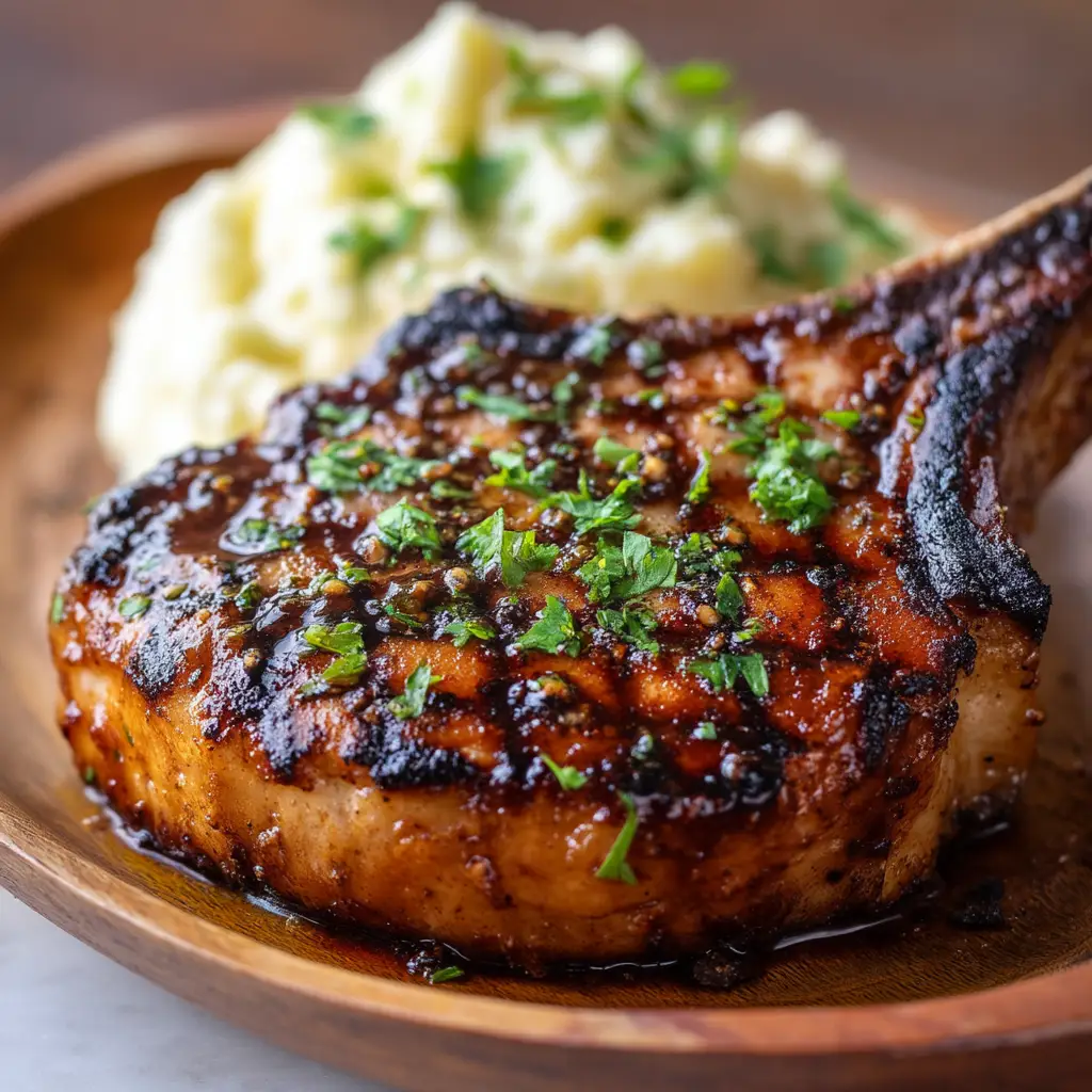 Macro shot of a hyper-detailed, glazed pork chop with perfect dark char marks resting on a rustic wooden plate.