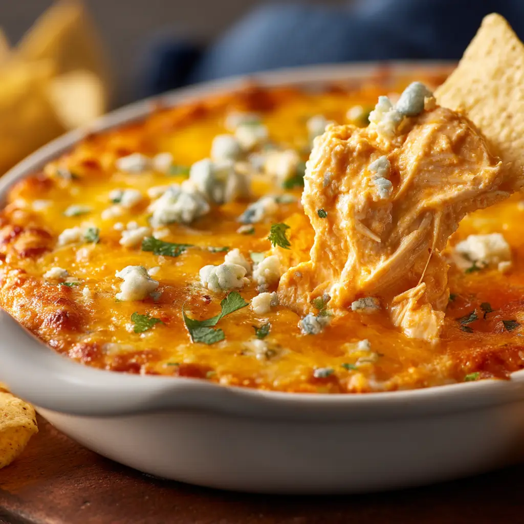 The Ultimate Hot and Bubbly Buffalo Chicken Dip 1 A single tortilla chip scooped into the corner of a hot Buffalo Chicken Dip showing a gooey cheese pull.