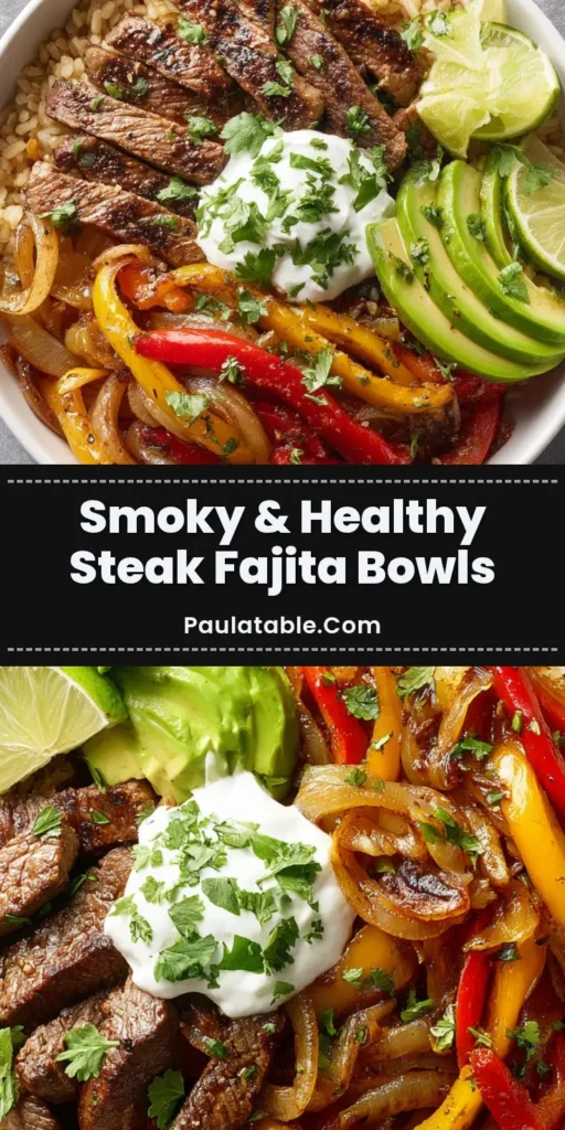 A top-down view of a Steak Fajita Bowl featuring brown rice, charred sliced steak, red and yellow bell peppers, fanned avocado, sour cream, and lime wedges.
