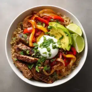 A beautifully arranged Steak Fajita Bowl in a white bowl showing rows of fresh ingredients, sour cream, and cilantro.