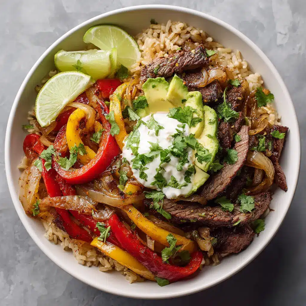 Photorealistic top-down view of the Steak Fajita Power Bowl highlighting the textures of charred steak and sauteed bell peppers.