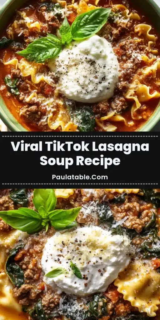 A rustic bowl of hearty lasagna soup recipe topped with a dollop of ricotta and fresh basil.