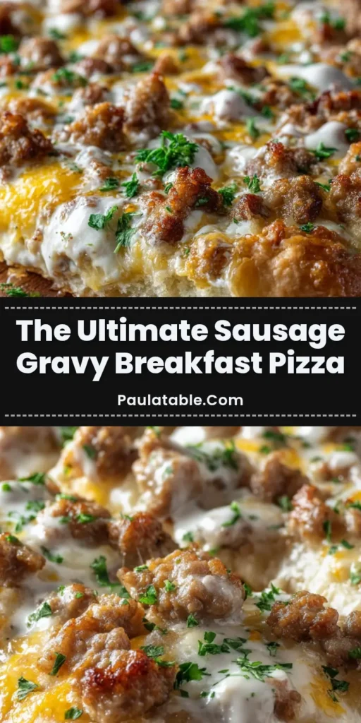 A photorealistic macro shot of Sausage Gravy Breakfast Pizza with a golden brown flaky biscuit crust, thick white gravy, crumbled sausage, and bubbly cheese.