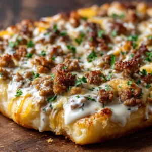 Extreme close up of melted mozzarella and cheddar cheese with small browned bubbles over crumbled breakfast sausage.