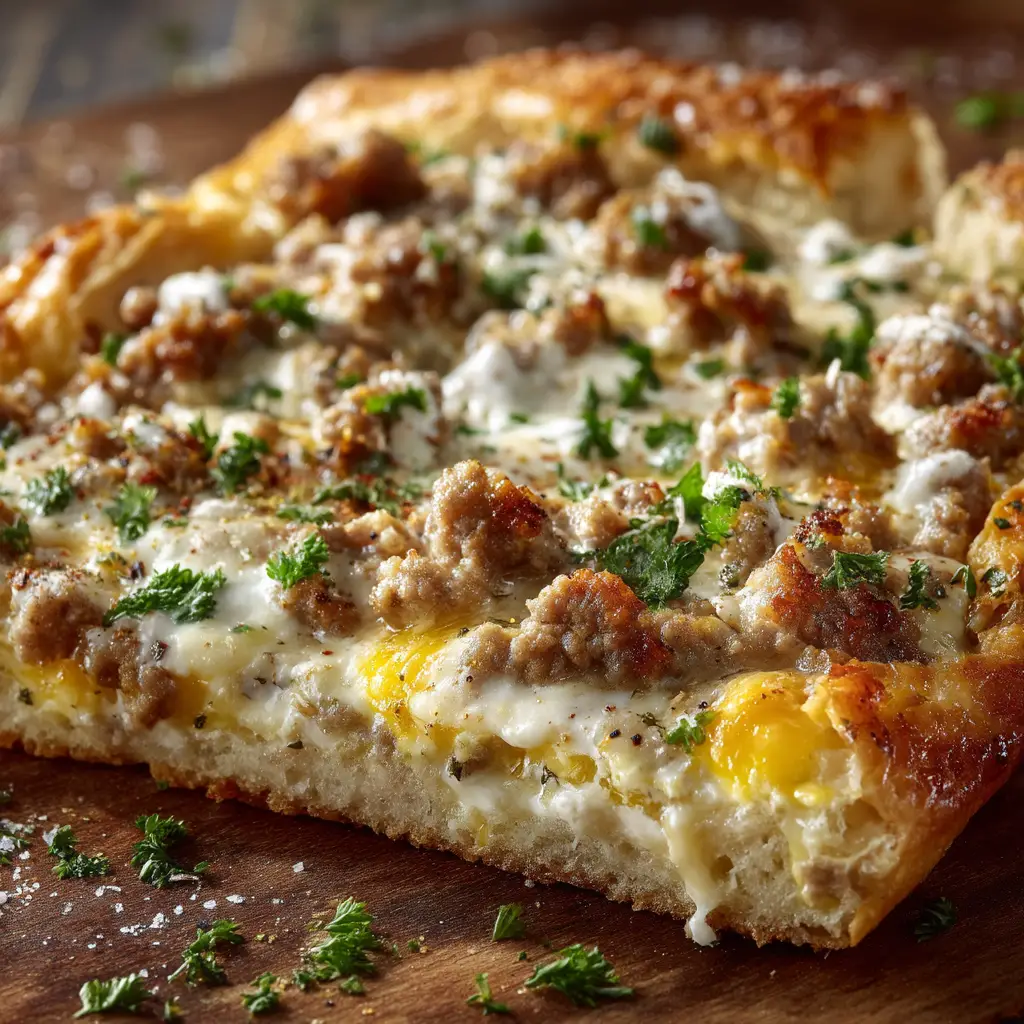 Detailed food photography of a slice of Sausage Gravy Breakfast Pizza garnished with finely chopped green parsley.