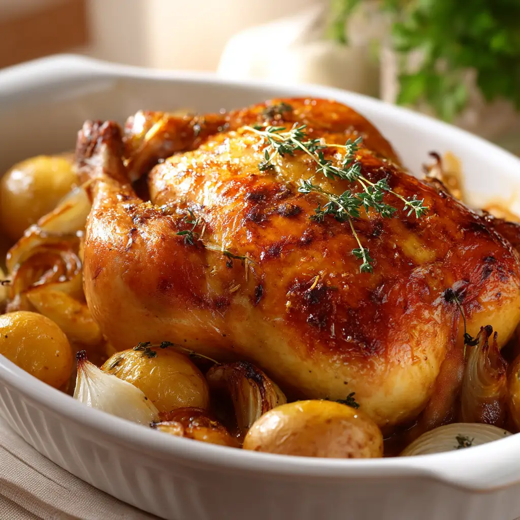Whole roasted chicken sizzling in a white ceramic dish with a shallow depth of field, showcasing hyperrealistic crispy skin.