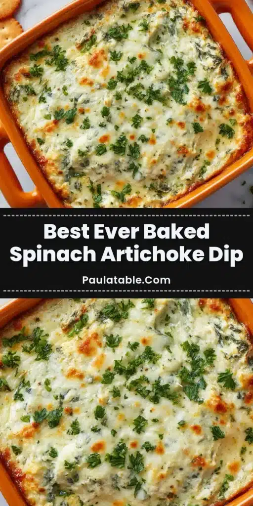 Overhead view of a hot, creamy baked spinach artichoke dip in an orange square ceramic dish, golden brown and bubbly on top, garnished with fresh chopped parsley, served with crackers on a white marble surface.