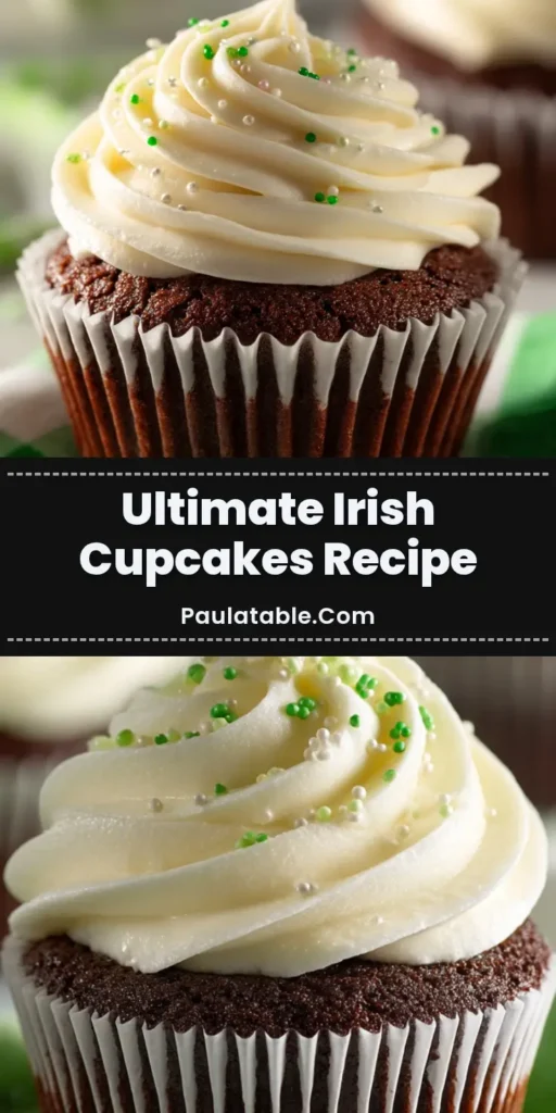 A delicious chocolate Irish Cupcake in a pleated white paper liner, topped with a generous, tall swirl of creamy off-white buttercream frosting sprinkled with tiny green and pearly white nonpareils.