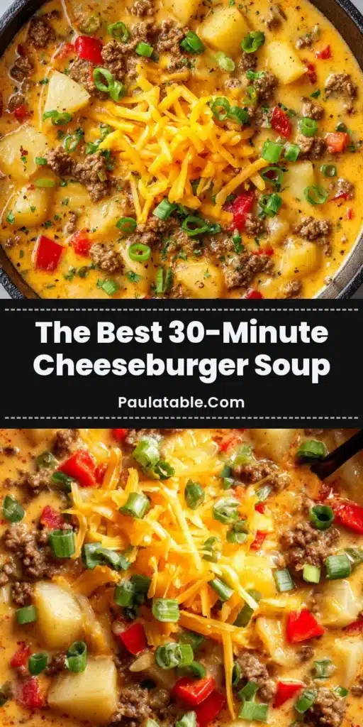 A rustic black cast iron Dutch oven filled with a thick creamy orange-yellow Cheeseburger Soup Recipe, loaded with ground beef, potatoes, and red bell peppers, topped with shredded cheddar on a white marble countertop.