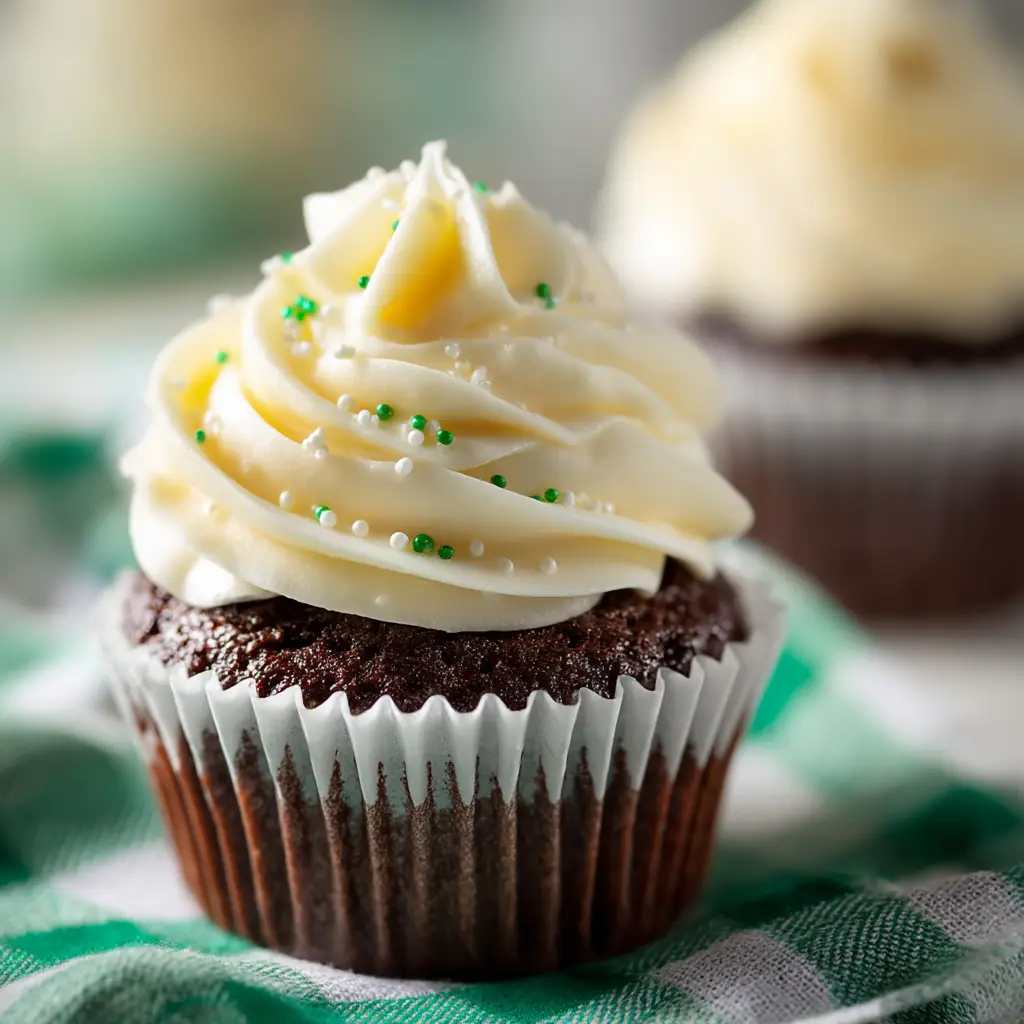 Professional food photography showing a beautifully frosted Irish Cupcake with a shallow depth of field, creating a beautiful bokeh background with another blurred cupcake.